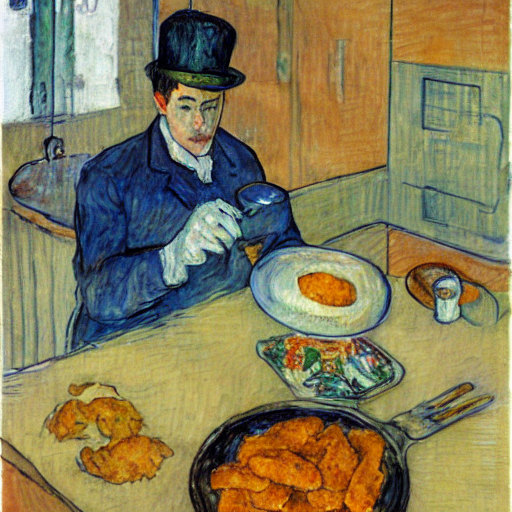 Jordan eating chicken tenders, in the style of Toulouse-Lautrec